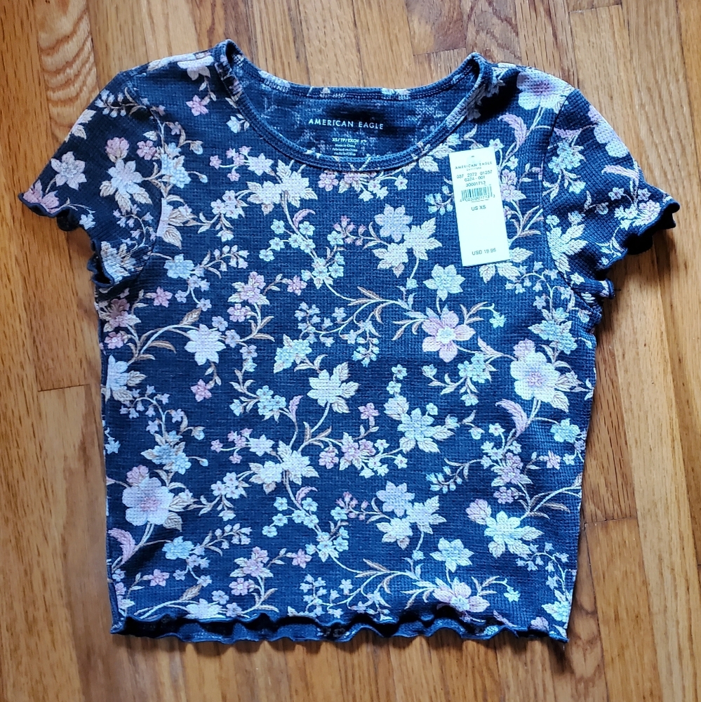 American Eagle Crop Flower Top XS Blue
